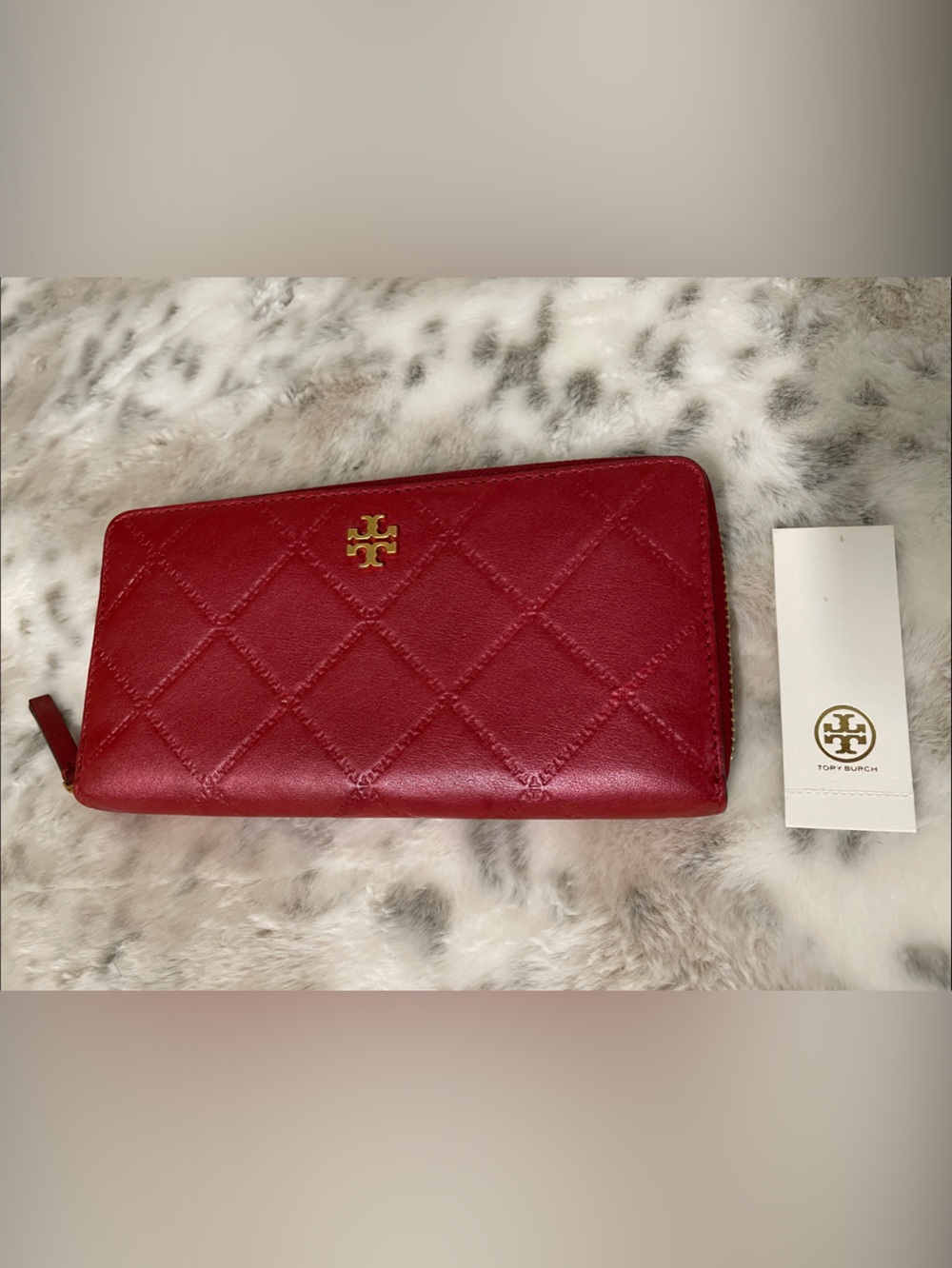 Tory Burch Quilted pearlized Red Leather Zip-Around Wallet with Gold Logo